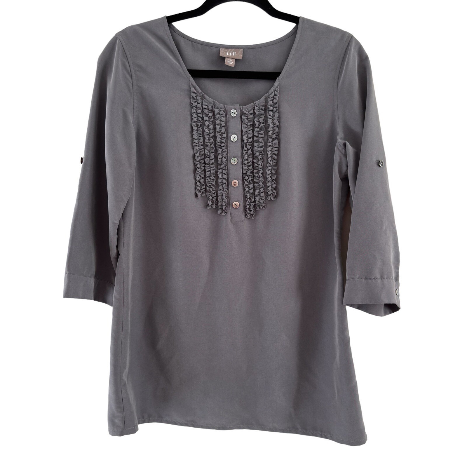J Jill Ruffle Front Tunic Top 3/4 Roll Tab Sleeve Gray Women's Sp Lightweight